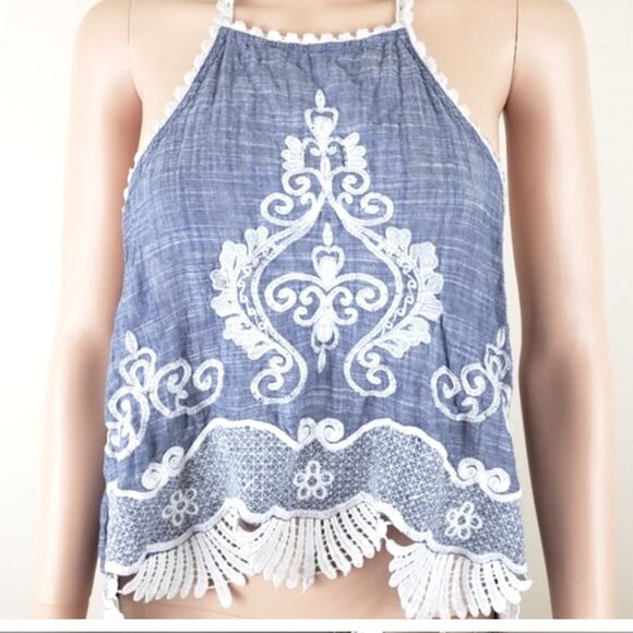 RIP CURL Crochet Lace Embroidered Halter Tank Top Women’s Medium Boho Western - Picture 1 of 12